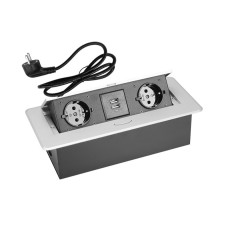Блок врізний на 2 розетки та 2 USB роз'єми з підйомною кришкою Алюміній