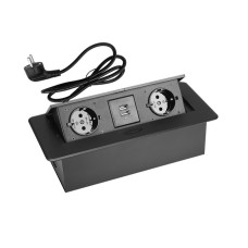 Блок врізний на 2 розетки та 2 USB роз'єми з підйомною кришкою Чорний